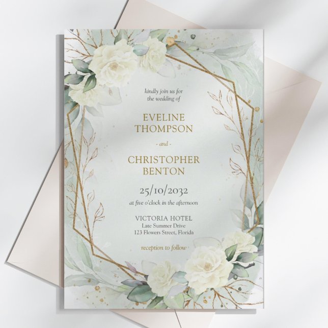 Invitation Roses blanches de saumons blancs et mariage d'euca (Elegant White Roses Floral Garden greenery and gold wedding invitation digital )