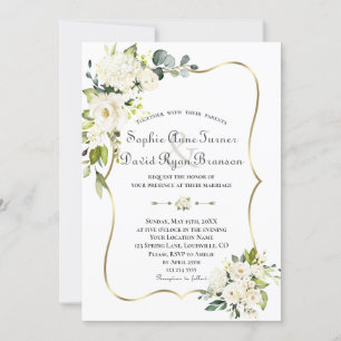 Invitation Roses blanches délicates Hydrangea Mariage or
