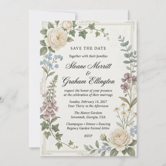Invitation Roses blanches, digitales, lierre, eucalyptus, myo (Devant)