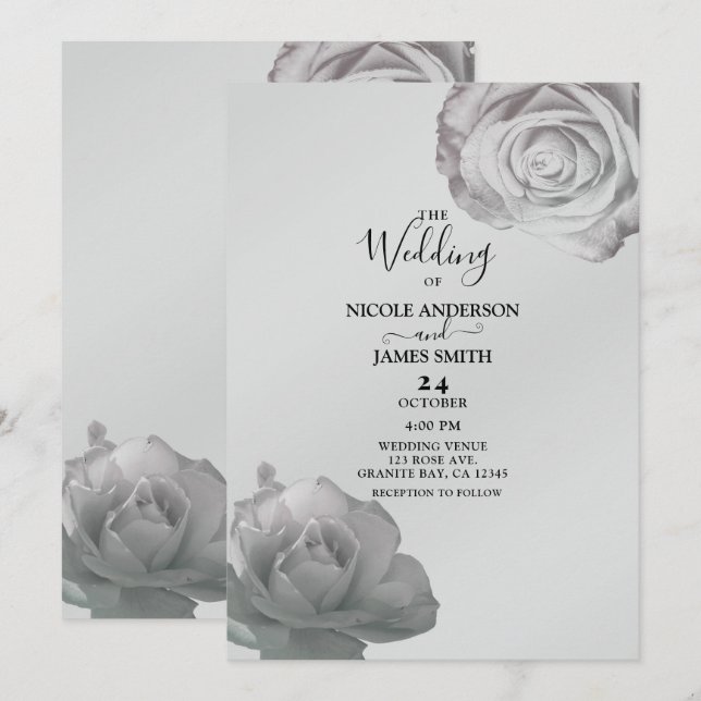 Invitation Roses blanches Élégant floral mariage gris argenté (Devant / Derrière)