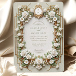 Invitation Roses blanches élégantes avec Or Faux<br><div class="desc">Donnez le ton pour votre journée de mariage avec ce design d'invitation exquis, avec des roses blanches délicates entourées d'un feuillage verdoyant. La carte est encadrée de motifs ornés de faux or baroque et d'inspiration art déco, ce qui lui confère une atmosphère intemporelle et sophistiquée. L'arrière - plan douce sauge...</div>