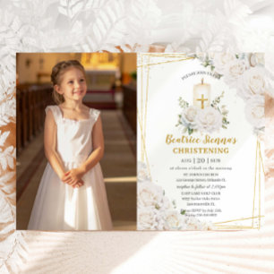 Invitation Roses Blanches Élégantes Fleurs Baptême Christenin
