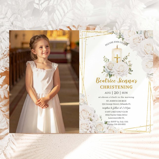 Invitation Roses Blanches Élégantes Fleurs Baptême Christenin (Créateur téléchargé)