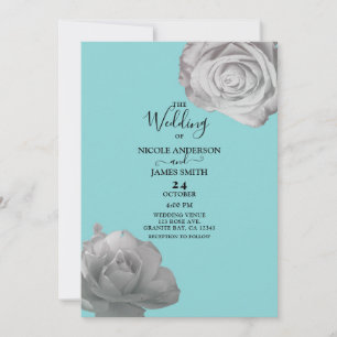 Invitation Roses Blanches Élégantes Fleurs Turquoise Bleu Mar