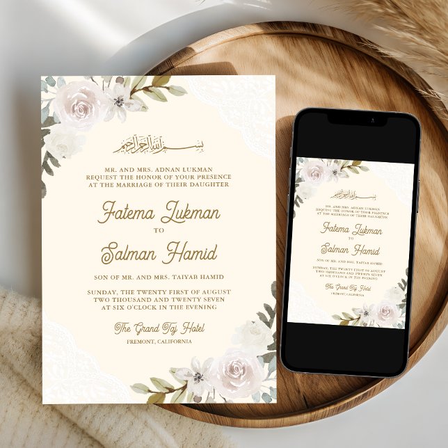 Invitation Roses Blanches en Dentelle Mariage Islamique Musul (Créateur téléchargé)