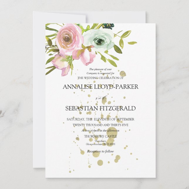 Invitation Roses blanches et blanches avec éclaboussures d'or (Devant)