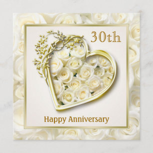 Invitation Roses blanches et cœur 30e anniversaire de mariage