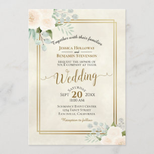 Invitation Roses blanches et Eucalyptus Boho Mariage d'aquare