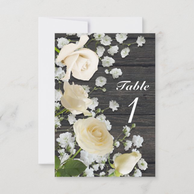 Invitation Roses blanches et gypsophile sur un panneau en boi (Devant)