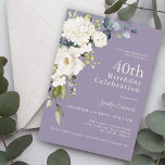 Invitation Roses blanches et Hydrangeas Elégant 40e anniversa<br><div class="desc">Avec un jeu de couleurs populaire de fleurs blanches neutres sur un arrière - plan lavande violet, cette invitation à la fête féminine de 40e anniversaire comprend un bouquet d'angle de fleurs d'aquarelle blanche avec la végétation d'eucalyptus traînant. Les fleurs comprennent des roses, des hydrangées et des fleurs mixtes assorties...</div>