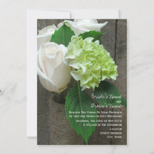 Invitation Roses blanches et Hydrangeas Mariage en bois de la