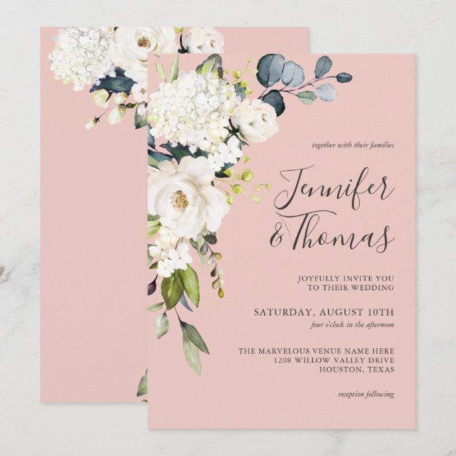 Invitation Roses blanches et Hydrangée sur Mariage rose (Devant / Derrière)