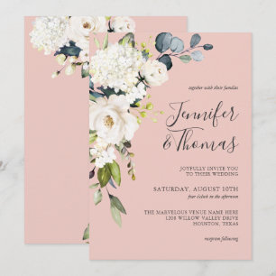 Invitation Roses blanches et Hydrangée sur Mariage rose