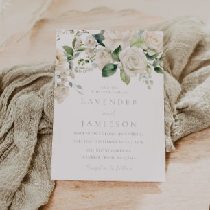 Invitation Roses blanches et Mariage feuille d'âge