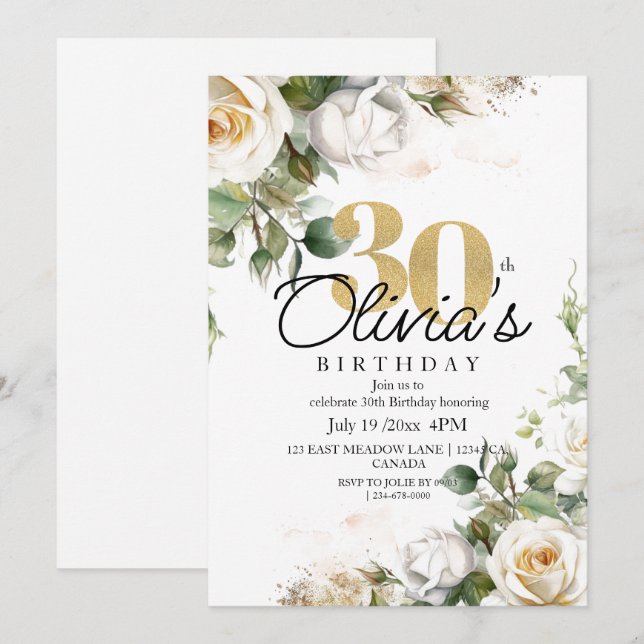 Invitation Roses blanches et or Dusty Floral 30e anniversaire (Devant / Derrière)