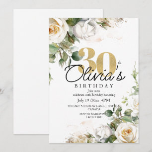 Invitation Roses blanches et or Dusty Floral 30e anniversaire