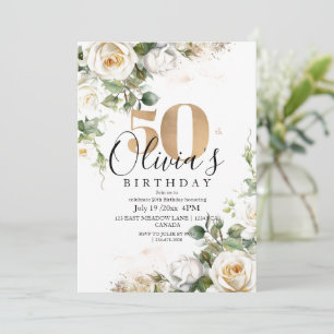 Invitation Roses blanches et or Fleur élégante 50e anniversai