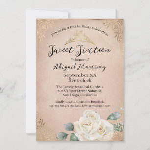 Invitation Roses blanches et or Rose doré vintage Sweet Sixte