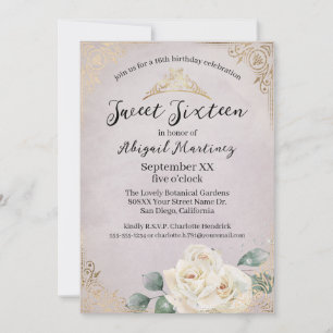 Invitation Roses blanches et or Vintage Sweet Sixteen violet