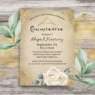 Invitation Roses blanches et Quinceanera Vintage or
