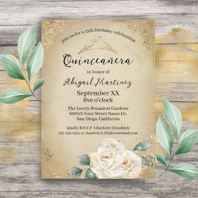 Invitation Roses blanches et Quinceanera Vintage or (Créateur téléchargé)