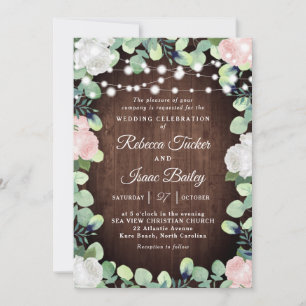 Invitation Roses blanches et roses blanches rustiques Mariage