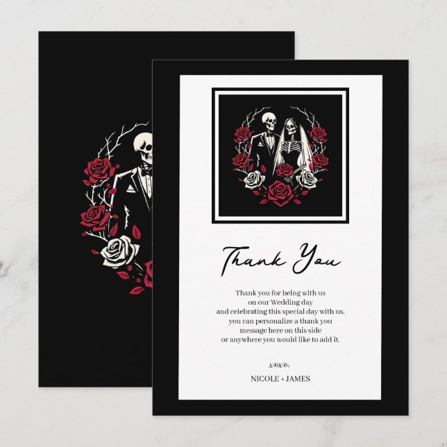 Invitation Roses blanches et rouges Squelette de mariage Merc (Devant / Derrière)