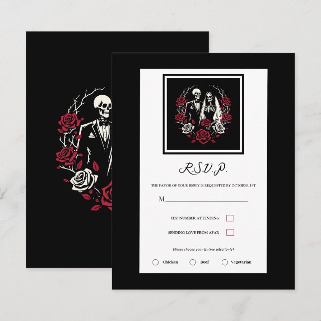 Invitation Roses blanches et rouges Squelette de mariage RSVP (Devant / Derrière)