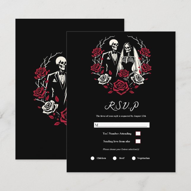 Invitation Roses blanches et rouges Squelette de mariage RSVP (Devant / Derrière)