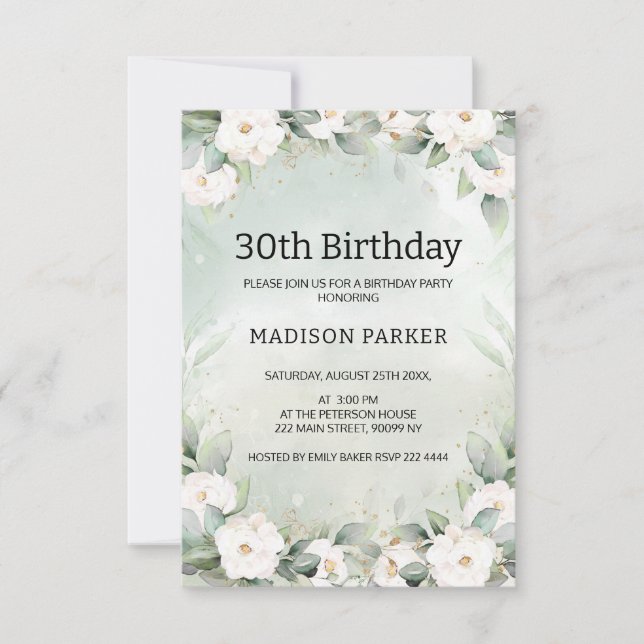 Invitation Roses blanches Eucalyptus Feuilles Anniversaire (Devant)