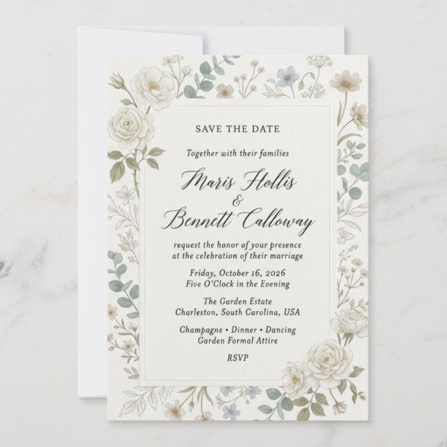 Invitation Roses blanches, eucalyptus, fleurs sauvages, cadre (Devant)