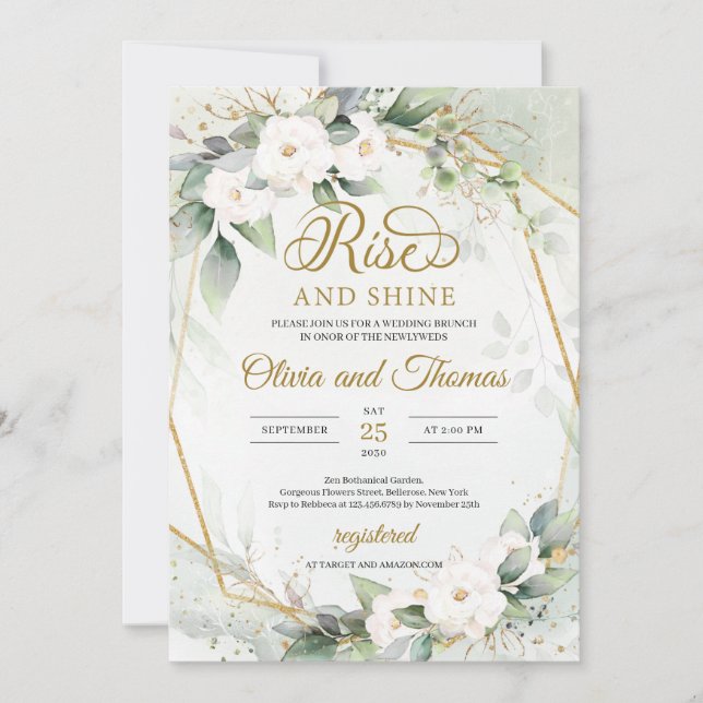 Invitation Roses blanches eucalyptus or cadre levant et brill (Devant)