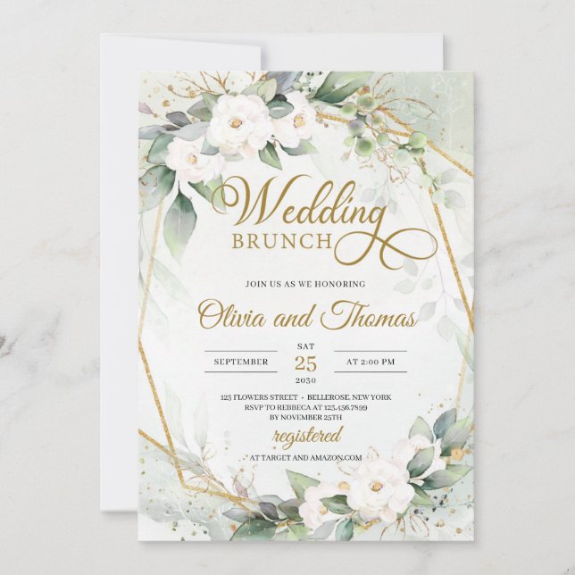 Invitation Roses blanches eucalyptus verdure or cadre mariage (Devant)