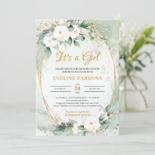 Invitation Roses blanches eucalyptus vert or C'est une fille