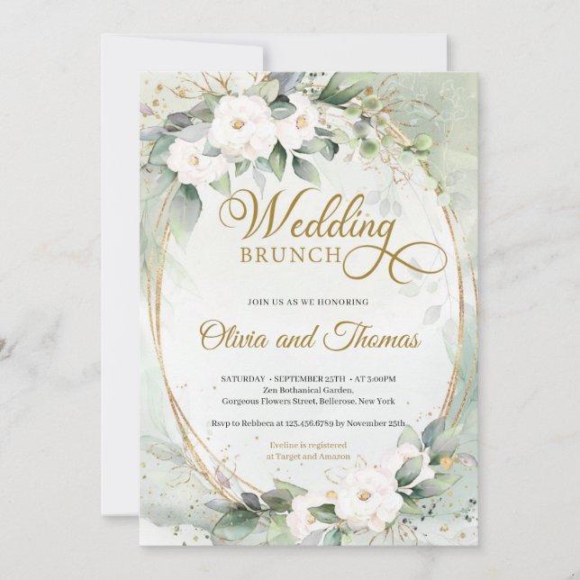 Invitation Roses blanches eucalyptus vert or oval mariage (Devant)