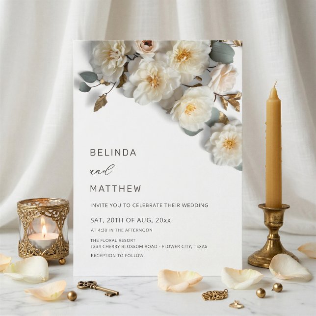 Invitation Roses blanches Fleurs 3D Élégant Mariage Blanc (Créateur téléchargé)