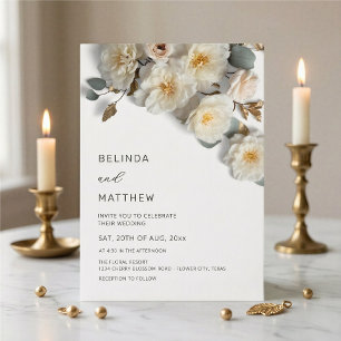 Invitation Roses blanches Fleurs 3D Élégant Mariage Blanc