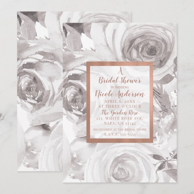 Invitation Roses blanches Fleurs de rose Moderne Chic Baby Sh (Devant / Derrière)