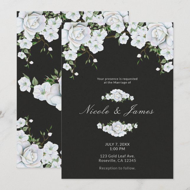 Invitation Roses blanches Fleurs et mariage gris charbon (Devant / Derrière)