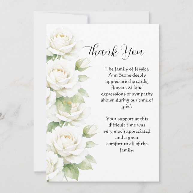 Invitation Roses blanches Fleurs funéraires Décès Merci  (Devant)
