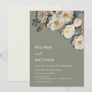 Invitation Roses blanches Fleurs réalistes Mariage