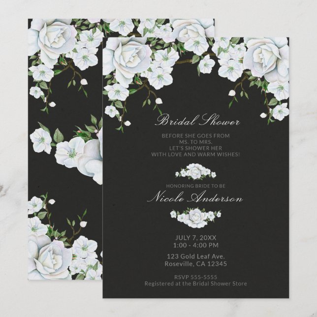 Invitation Roses blanches Floral & Gris Charbon Mariage (Devant / Derrière)