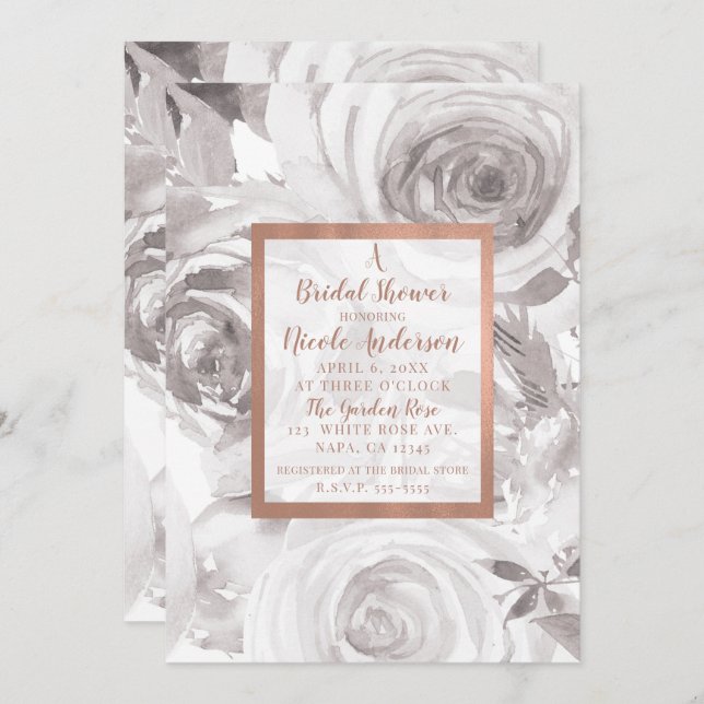 Invitation Roses blanches Floral Rose Moderne Fête des mariée (Devant / Derrière)