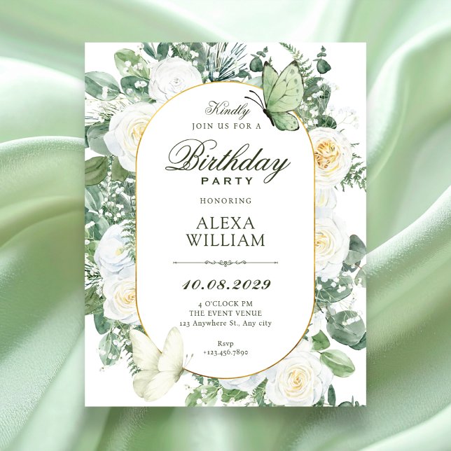 Invitation Roses blanches florales anniversaire  (Créateur téléchargé)