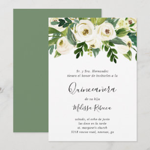 Invitation Roses Blanches Florales Verdure Elégante Quinceañe
