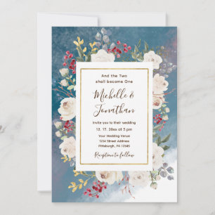 Invitation Roses blanches fruits rouges sur mariage chrétien