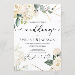 Invitation Roses blanches hydrangées verdure or mariage