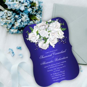 Invitation Roses blanches luxueuses et Mariage bleu foncé