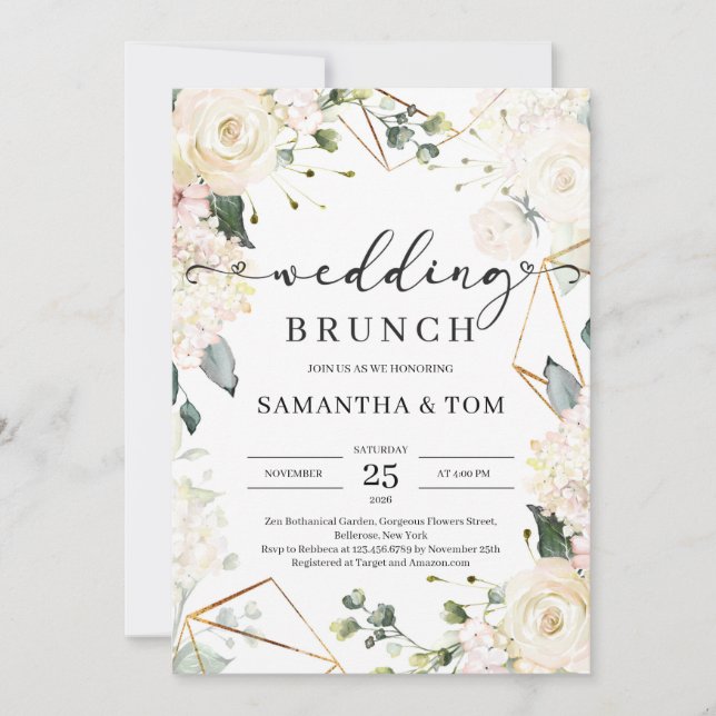 Invitation Roses blanches luxuriantes vert eucalyptus brunch  (Devant)