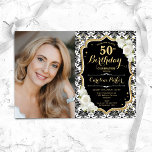 Invitation Roses blanches noir blanc Damas photo 50e annivers<br><div class="desc">Elégante invitation au 50e anniversaire fleurie féminine avec votre photo. Design blanc noir glam avec parties scintillant d'or faux. Caractéristiques noir et blanc damask motif, rose, police de script et confetti. Parfait pour une fête anniversaire adulte élégante. Personnalisez avec vos propres détails. Peut être customisé pour n'importe quel âge !...</div>